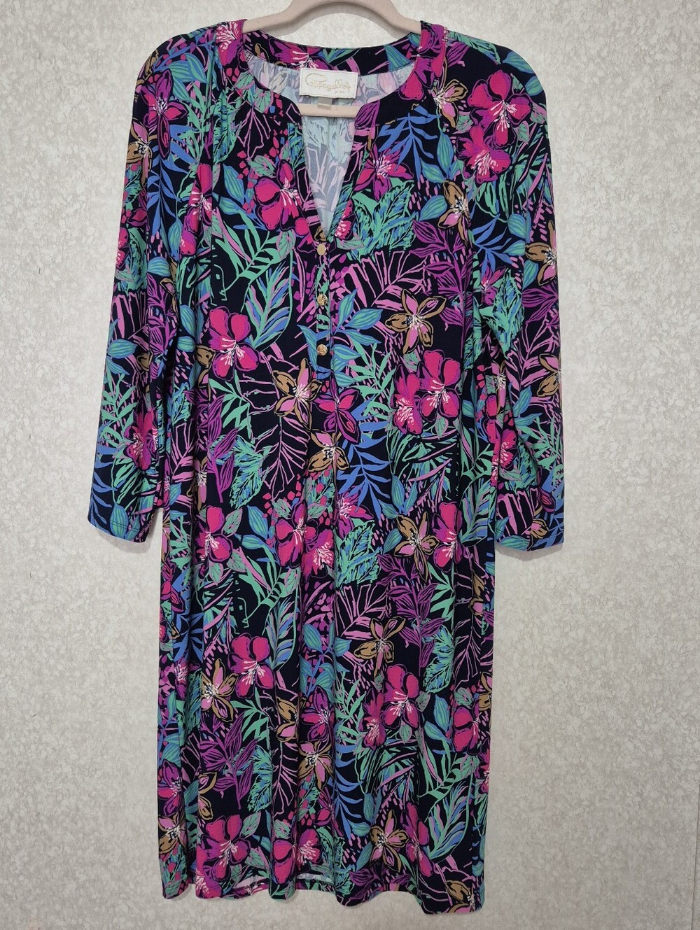 Pappagallo Black Dress with Fuchsia-green Floral Multi Shift Midi Dress-Large
